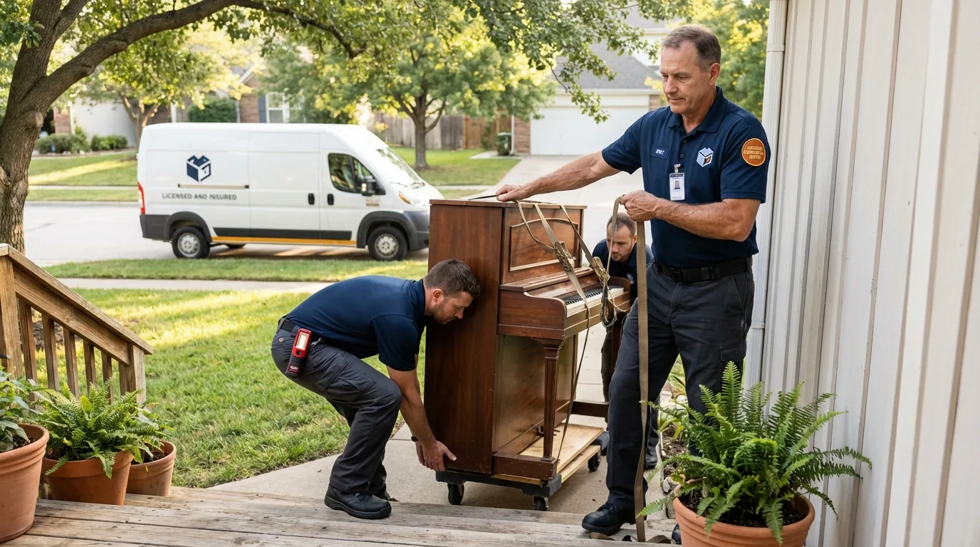 Licensed piano movers securing grand piano in Forest Grove, OR