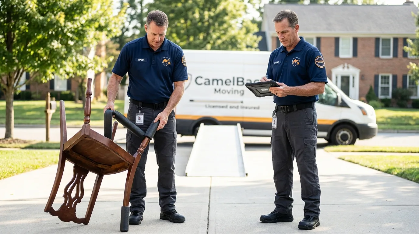 Movers inspecting furniture for damage prevention before loading in Forest Grove, OR