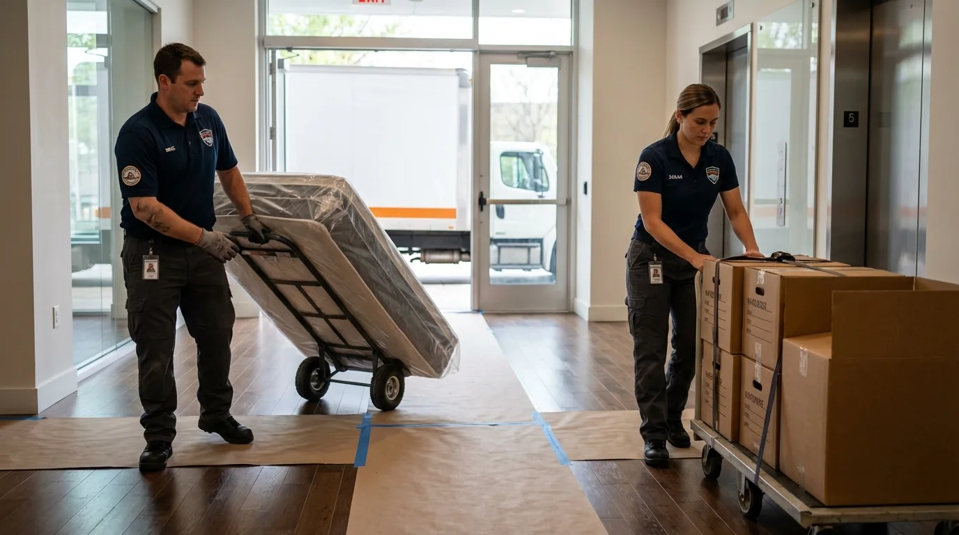 Professional apartment movers loading elevator in Forest Grove, OR